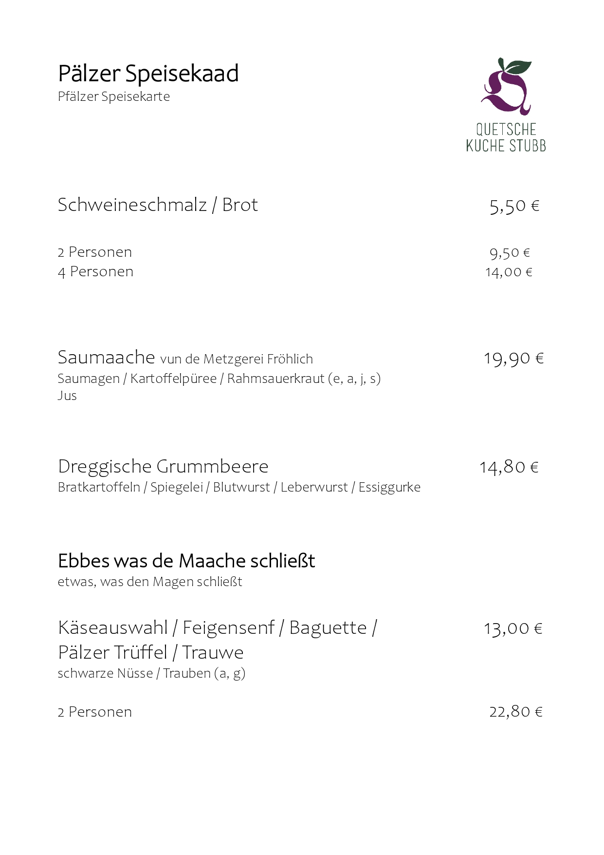 Speisekarte Quetsche Kuche Stubb April 2024